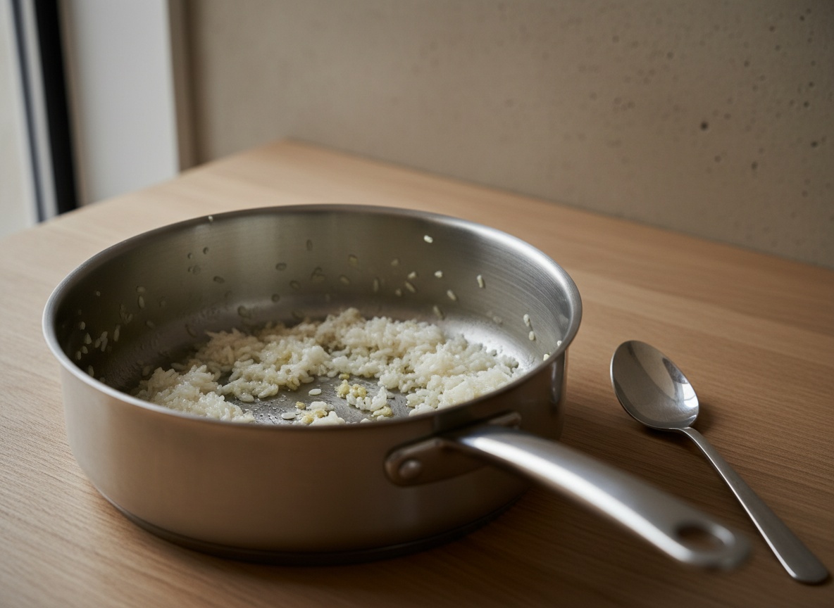 Arroz blanco rehogandose con ajo en un cazo.