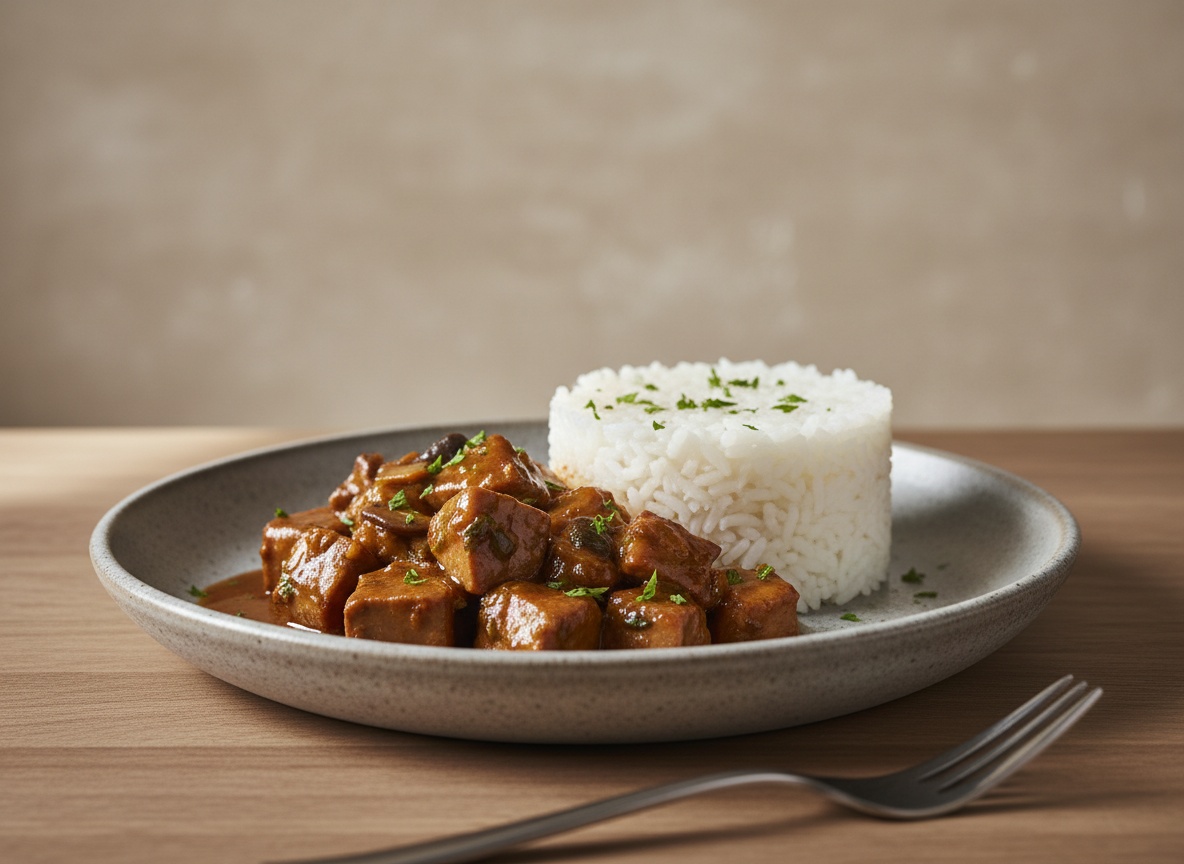 Rinones de ternera al Jerez en salsa junto a un timbal de arroz blanco en plato de ceramica gris sobre tabla de roble con luz lateral.