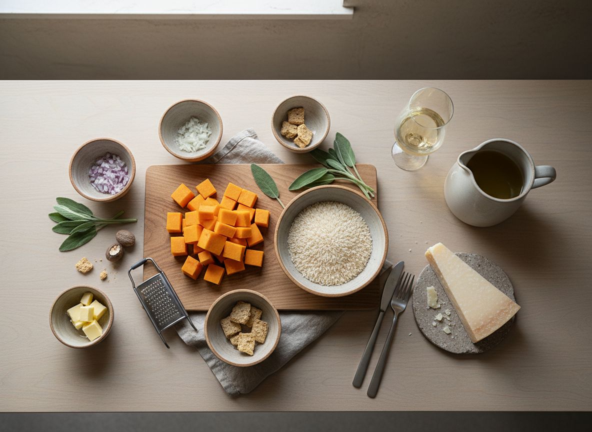 Mise en place del risotto de calabaza: dados de calabaza violina, arroz carnaroli, chalotas, parmesano, mantequilla fría, bizcochos amaretti y hojas de salvia