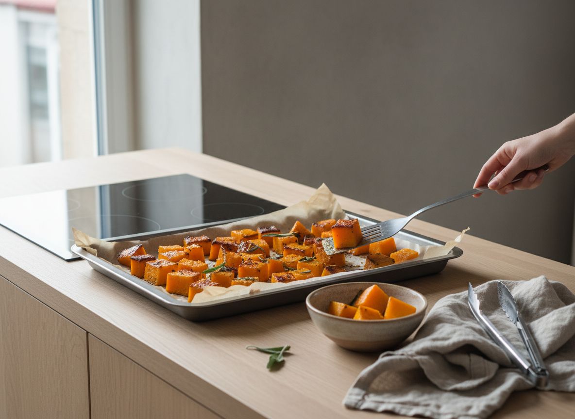Dados de calabaza asados en bandeja con las caras inferiores caramelizadas de color ámbar oscuro