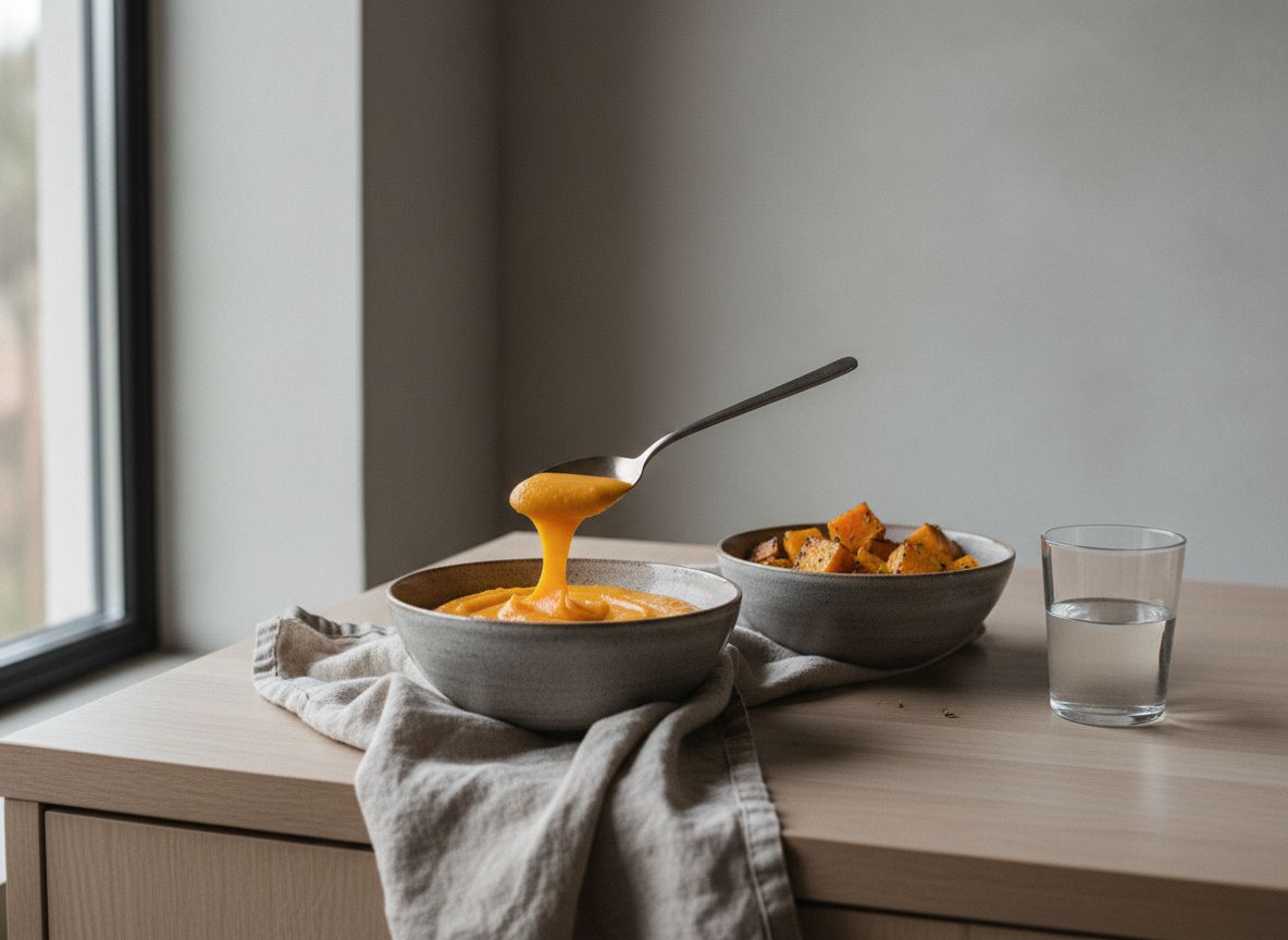 Puré de calabaza naranja intenso triturado y liso en un cuenco junto a los dados reservados enteros