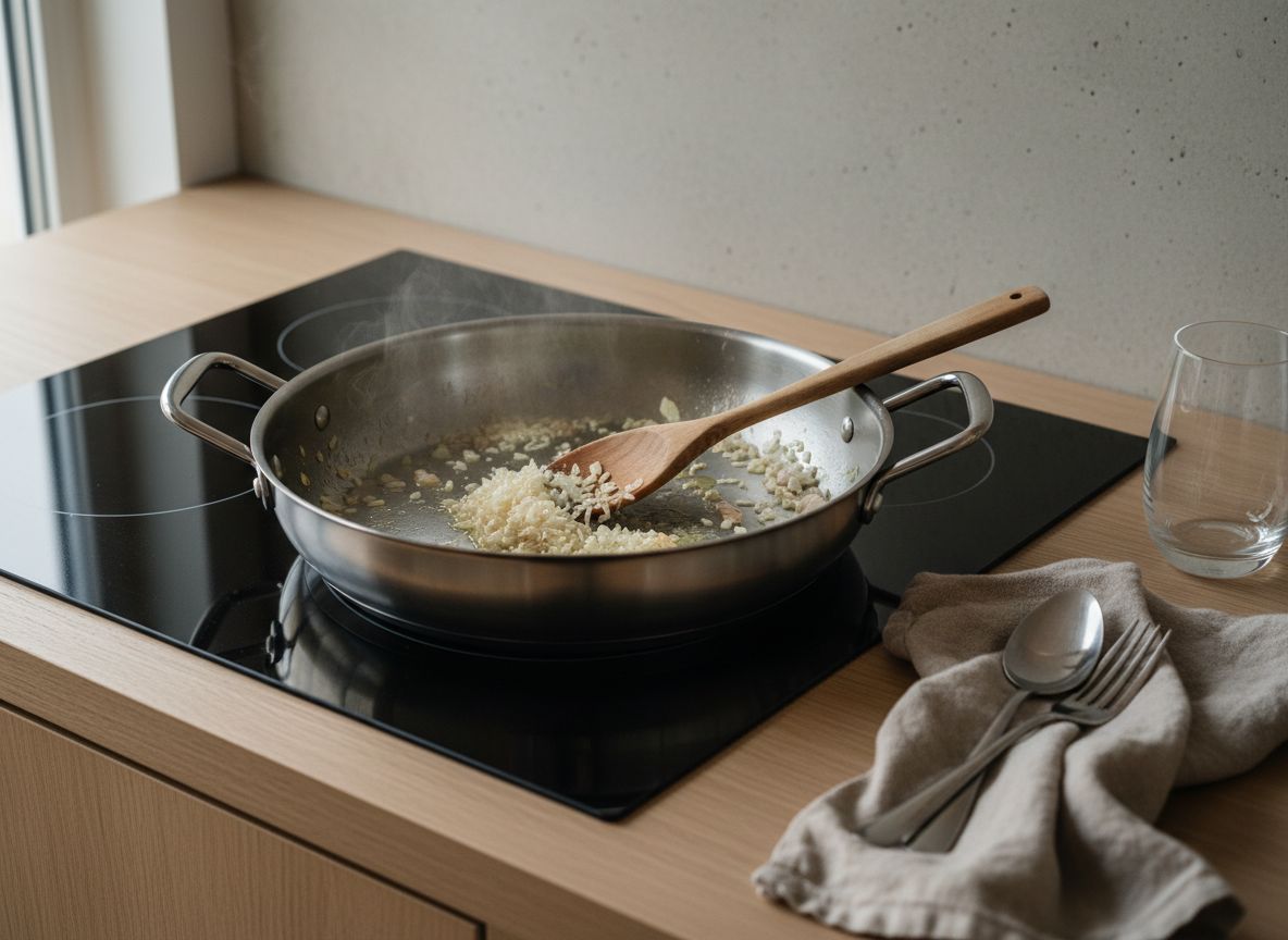 Arroz carnaroli tostándose con chalota en mantequilla en una cazuela ancha de fondo grueso