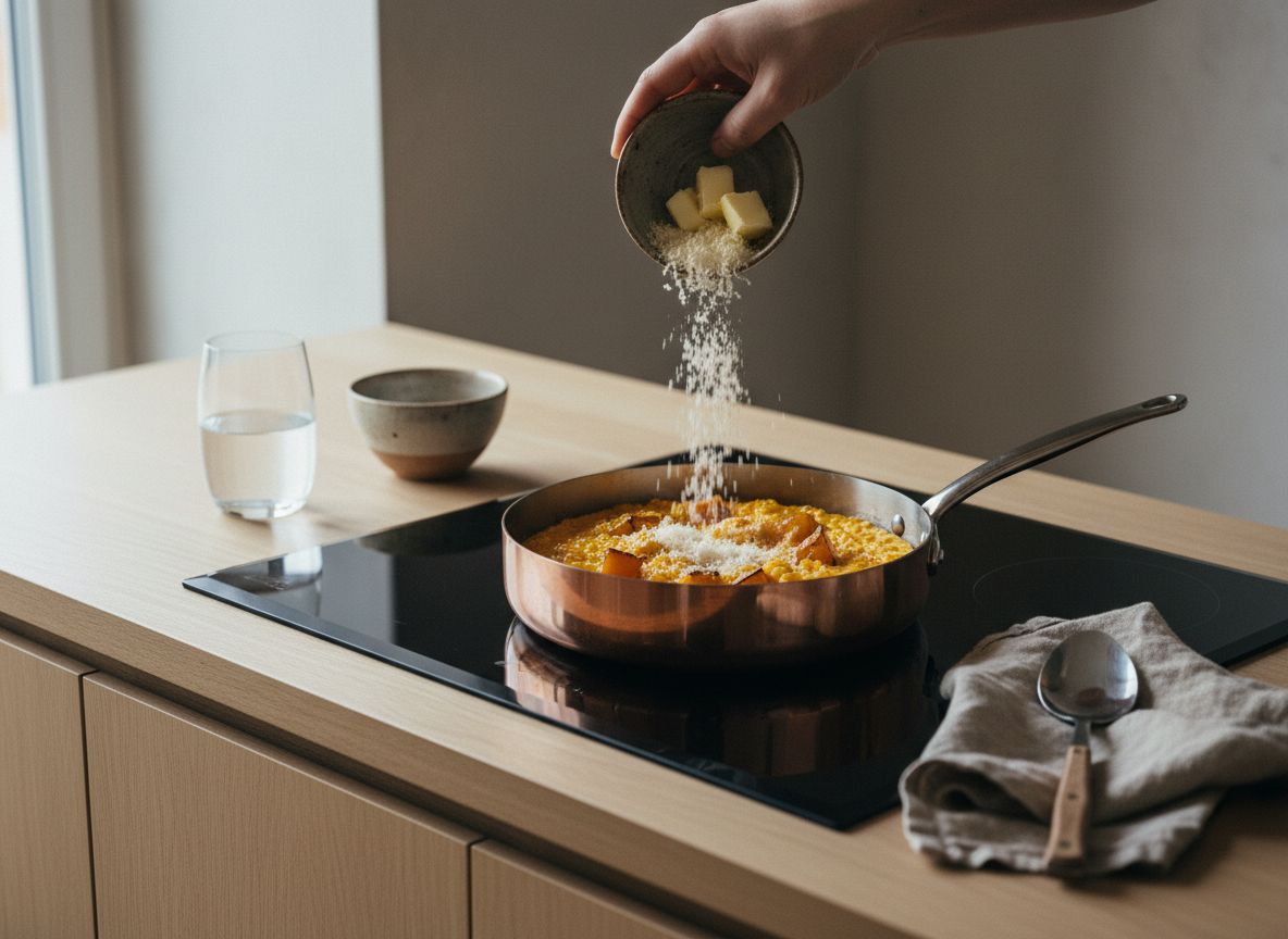 Mantecatura del risotto naranja fuera del fuego con dados de mantequilla fría y parmesano rallado