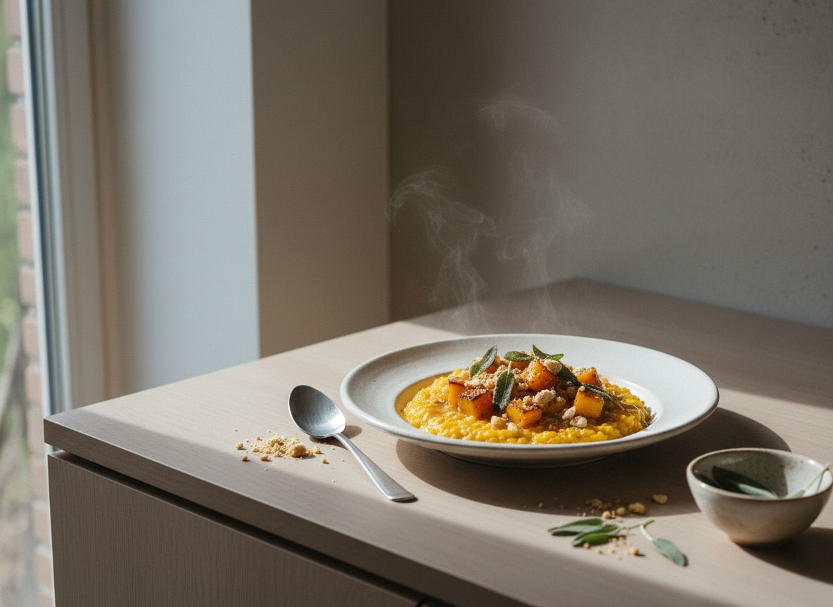Risotto de calabaza con amaretto y salvia en plato hondo, arroz naranja cremoso con dados de calabaza asada, hojas de salvia fritas y amaretto desmigado