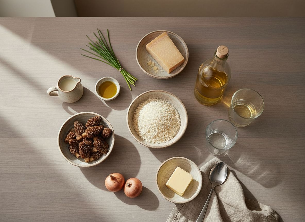 Mise en place del risotto de colmenilla: arroz carnaroli, colmenillas, Vin Jaune, chalotas, mantequilla y parmesano
