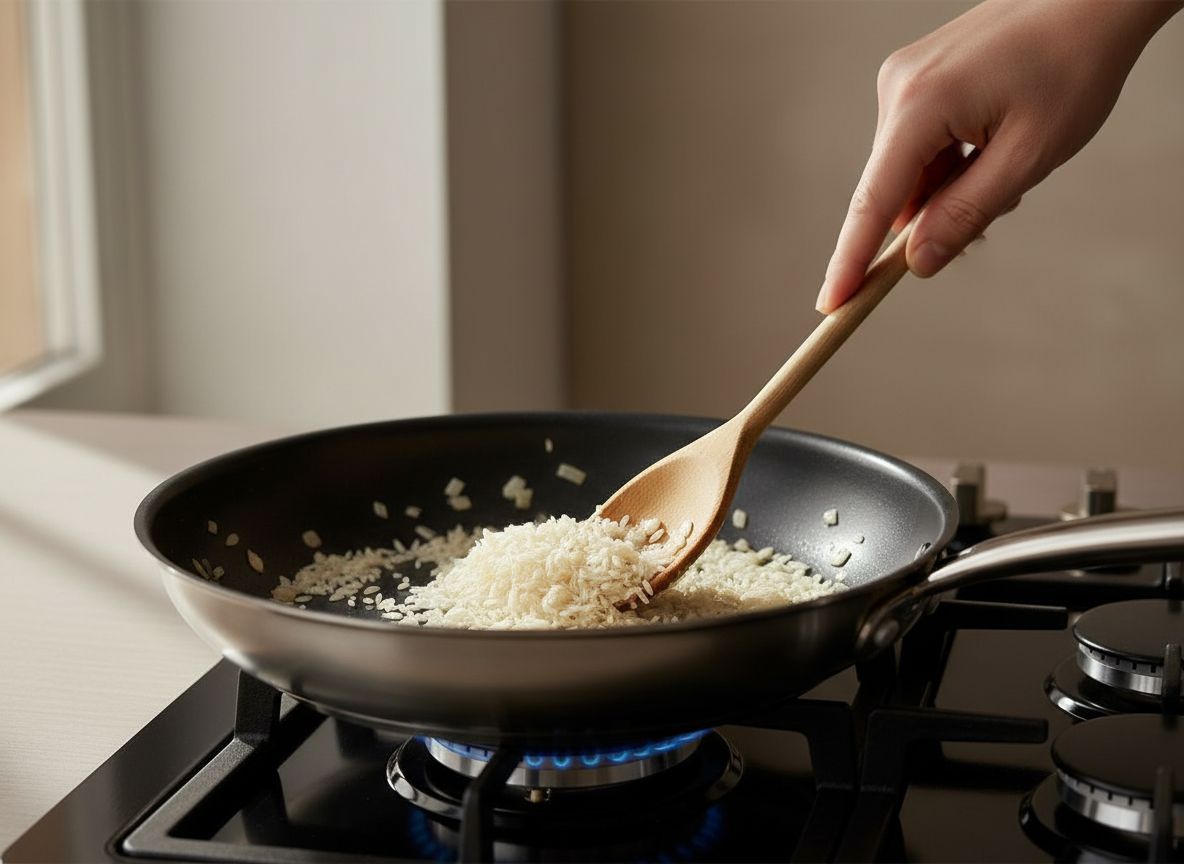 Arroz carnaroli nacarandose con las chalotas