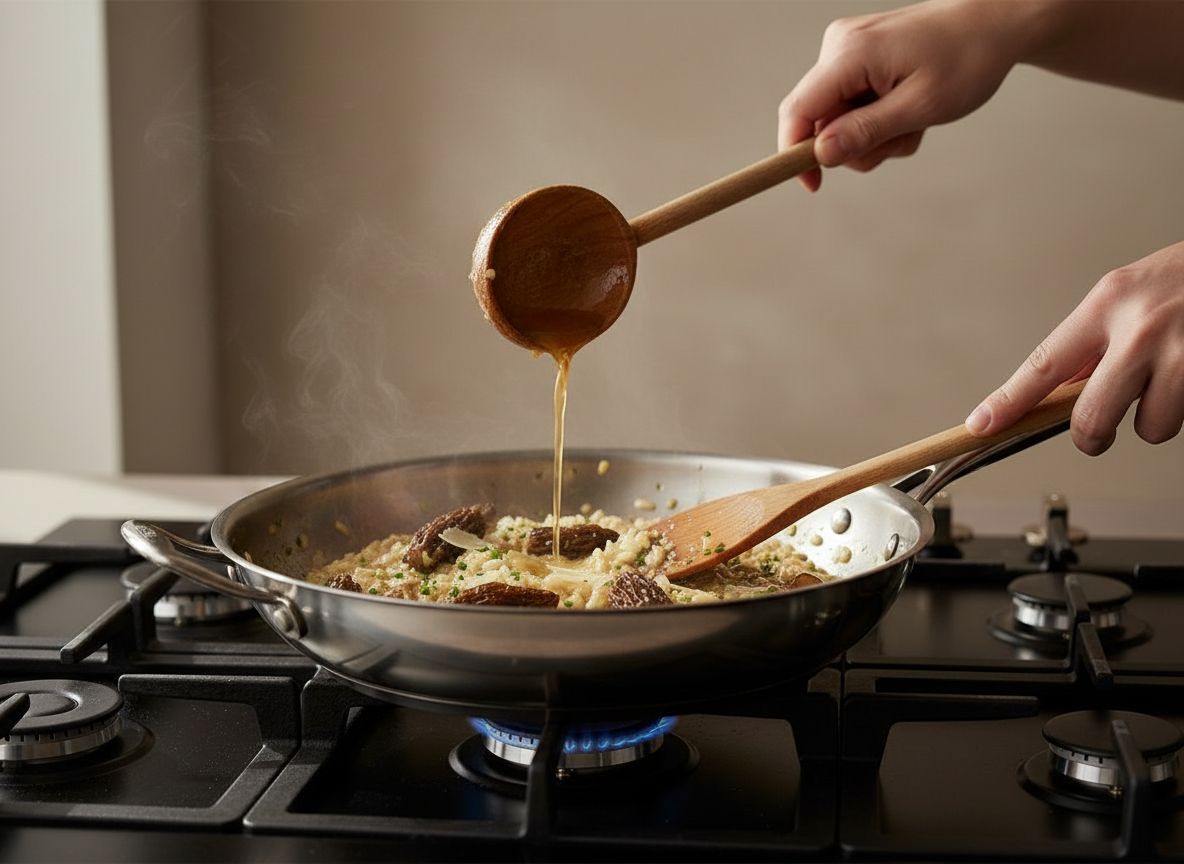 Caldo caliente anadido cazo a cazo al risotto con colmenillas