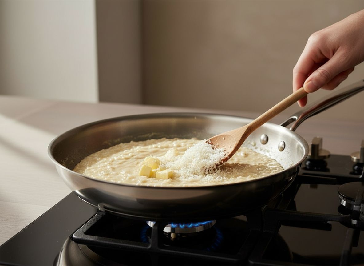 Mantecado del risotto con mantequilla fria y parmesano