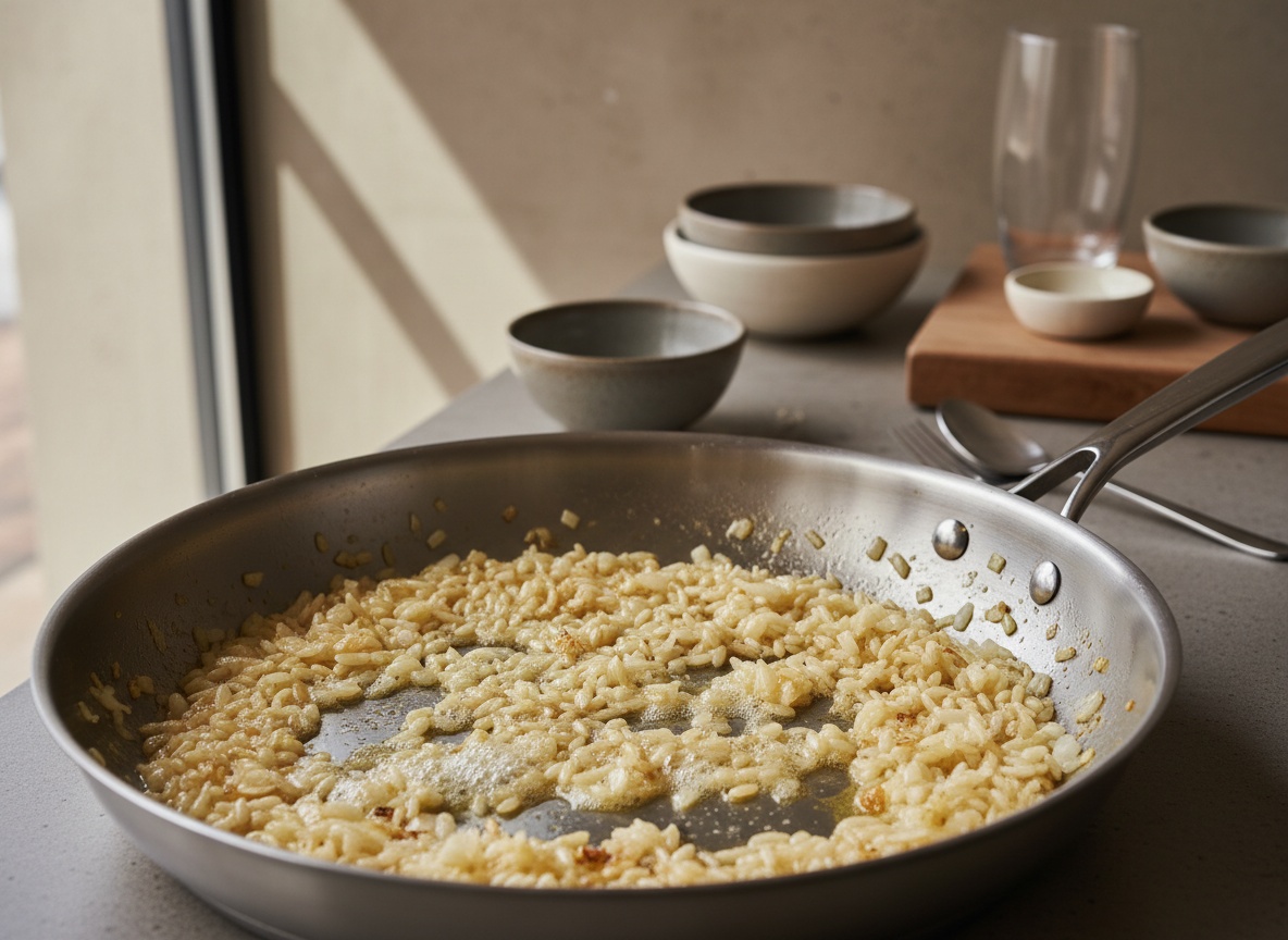 Arroz carnaroli tostándose con chalota en mantequilla en la cazuela ancha de fondo grueso