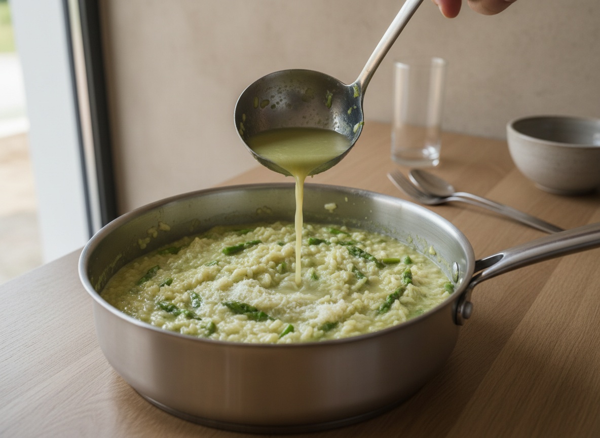 Caldo de espárrago añadiéndose con cazo al risotto en cocción mientras se remueve