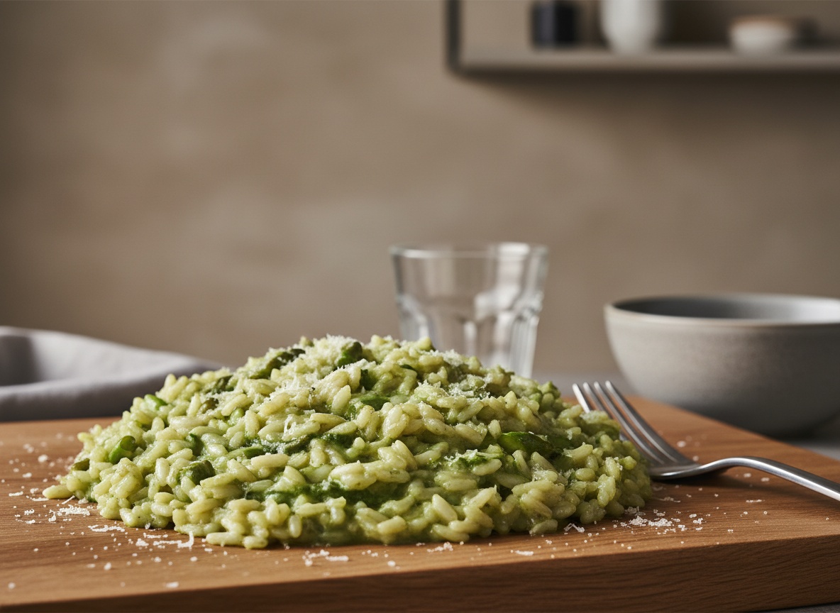 Puré verde de tallos de espárrago integrándose en el arroz y tiñéndolo de verde pálido