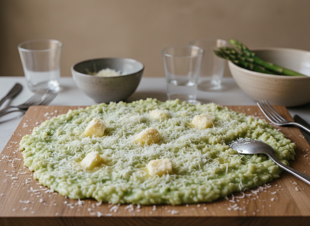 Mantecatura del risotto verde fuera del fuego con dados de mantequilla fría y parmesano rallado