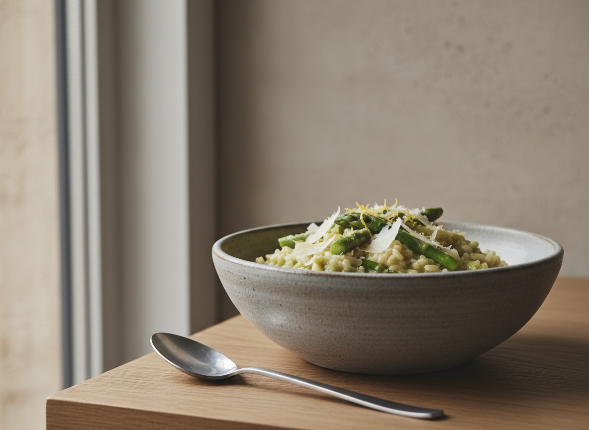 Risotto de espárrago verde con parmesano en plato hondo, arroz cremoso verde pálido coronado con puntas de espárrago verde intenso y virutas de parmigiano