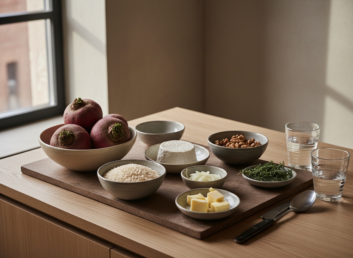 Mise en place del risotto de remolacha: remolachas crudas enteras con piel, arroz carnaroli, rulo de queso de cabra, nueces, chalotas y mantequilla fría