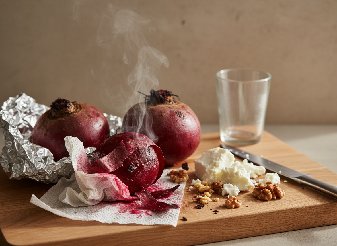 Remolachas envueltas en papel de aluminio recién salidas del horno y pelándose con papel de cocina