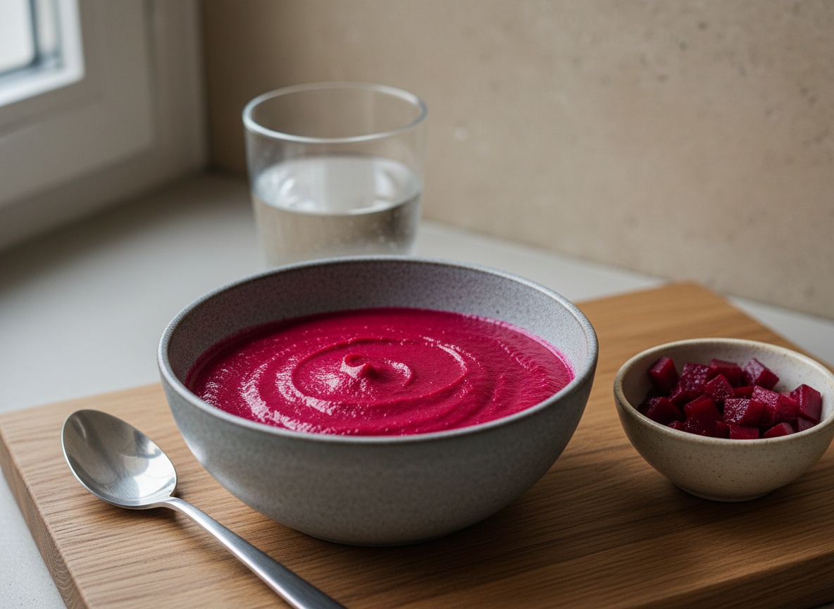 Puré de remolacha fucsia intenso y liso en un cuenco junto a los dados de remolacha reservados