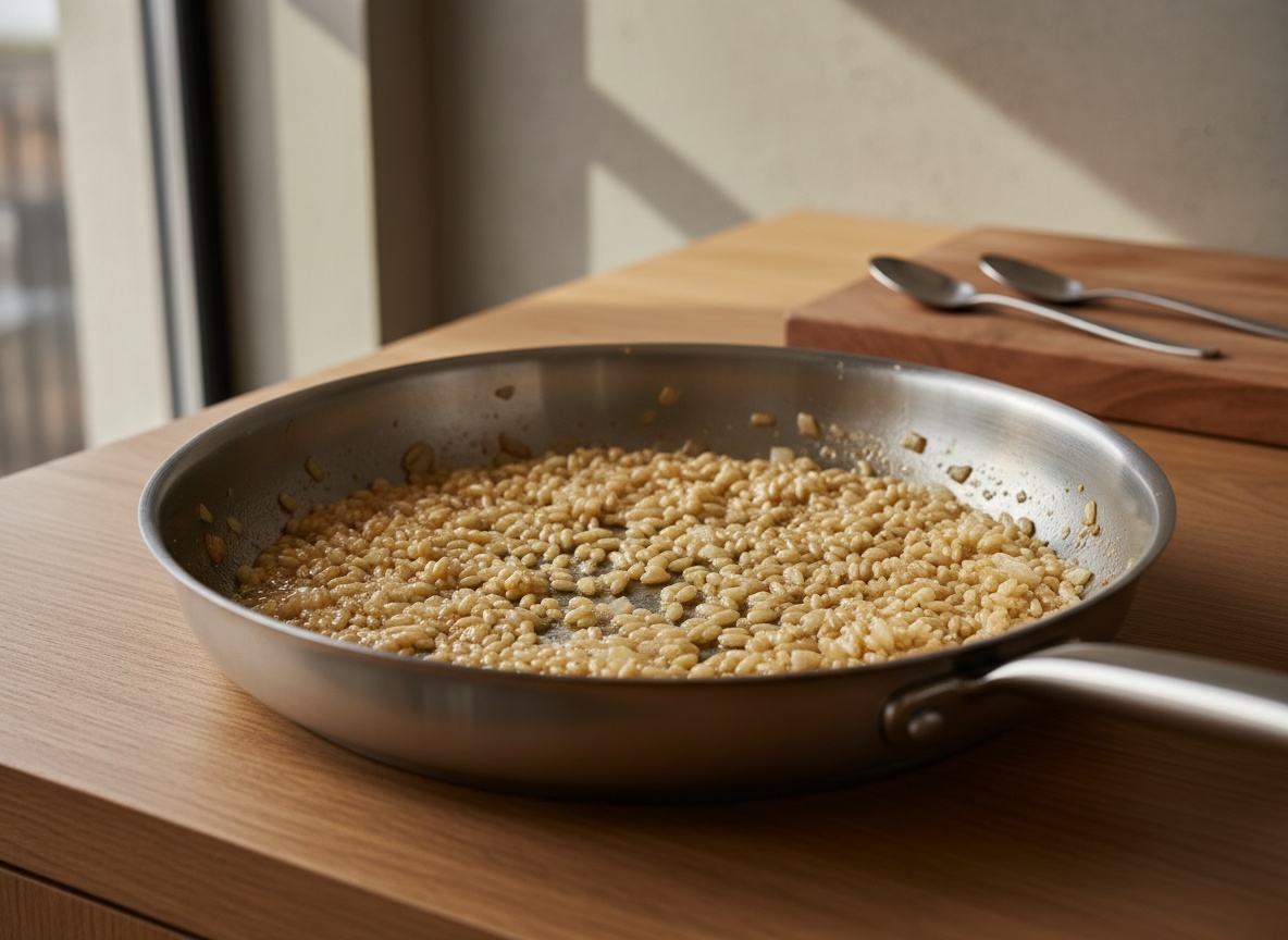 Arroz carnaroli tostándose con chalota en mantequilla en la cazuela ancha de fondo grueso
