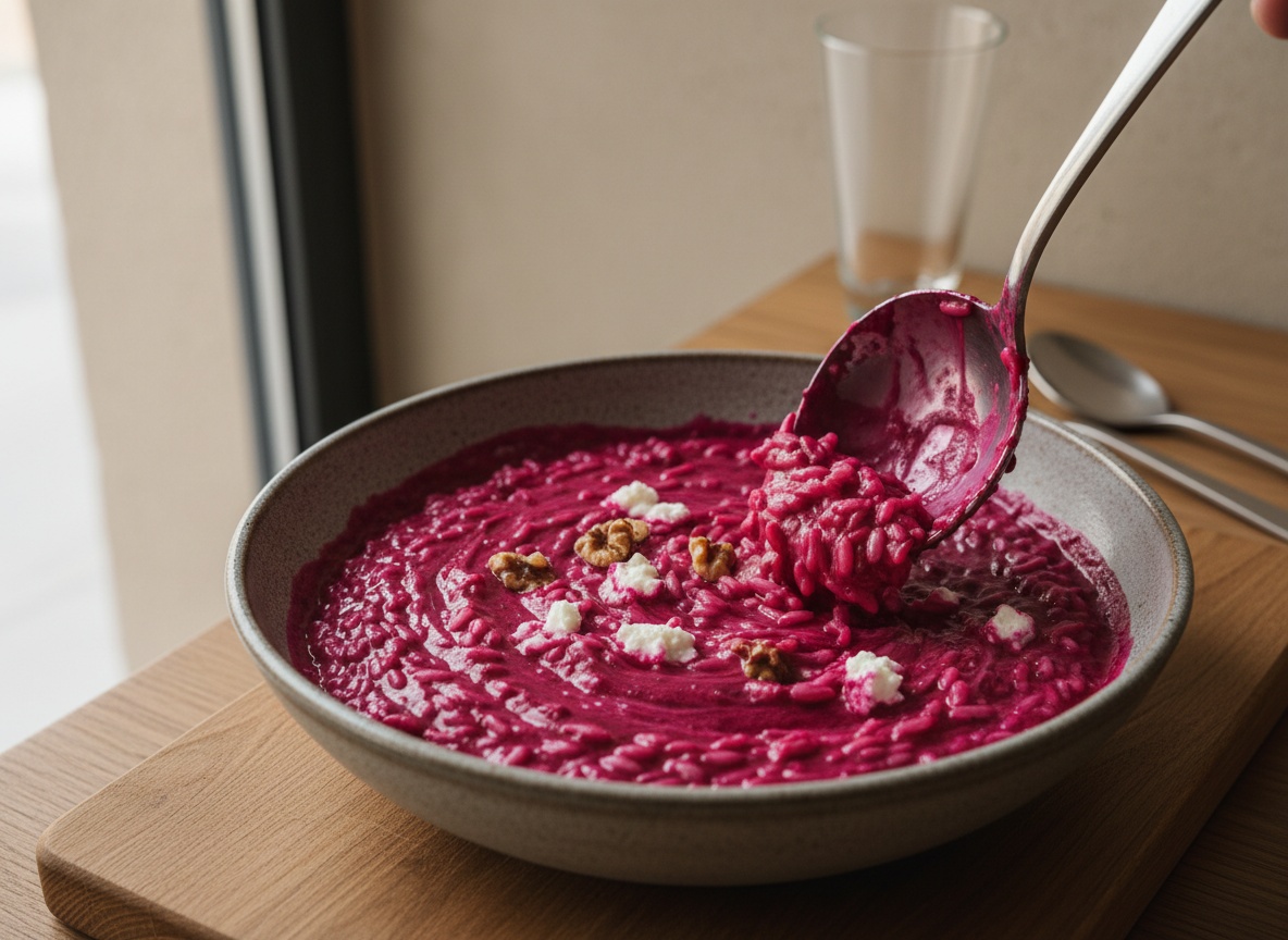 Puré de remolacha incorporándose al risotto y tiñendo el arroz de fucsia intenso