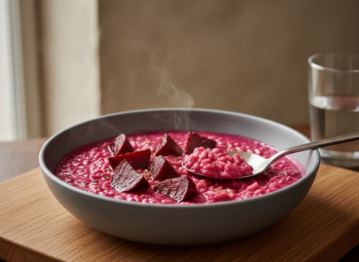 Dados de remolacha asada repartiéndose con delicadeza en el risotto fucsia en cocción