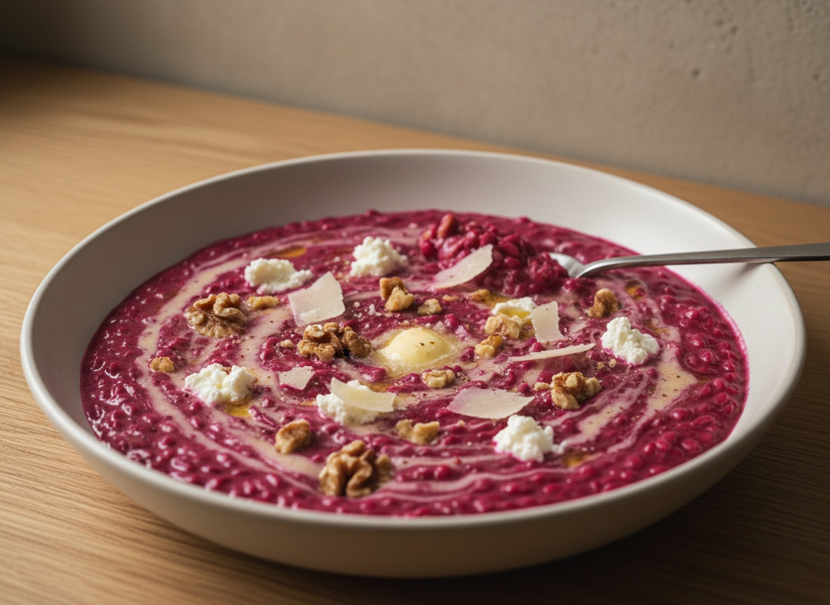 Mantecatura del risotto de remolacha fuera del fuego con mantequilla fría, parmesano y queso de cabra