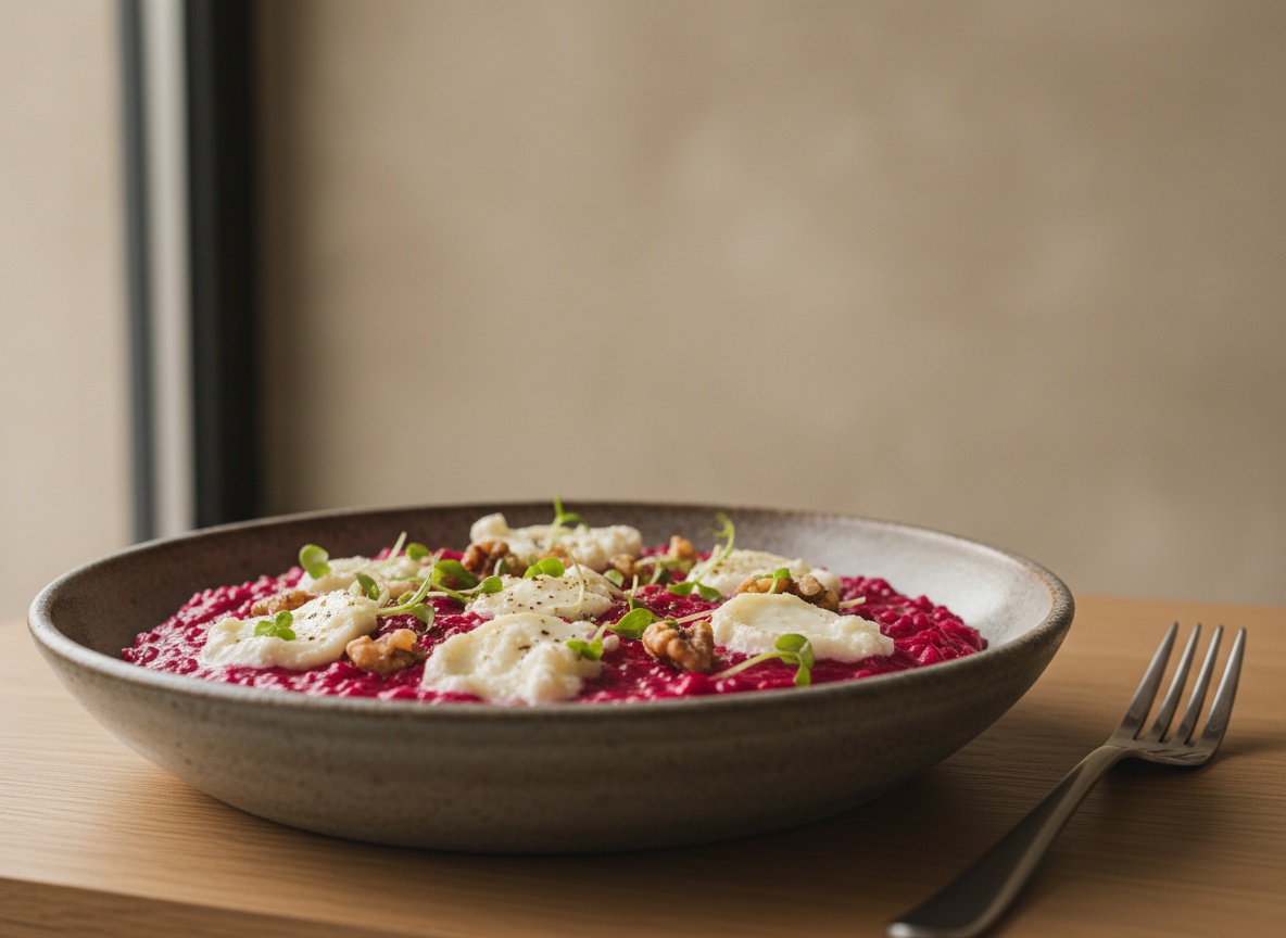 Risotto de remolacha con queso de cabra y nuez en plato hondo, arroz cremoso de color fucsia intenso con puntos de queso blanco, nueces tostadas y brotes verdes