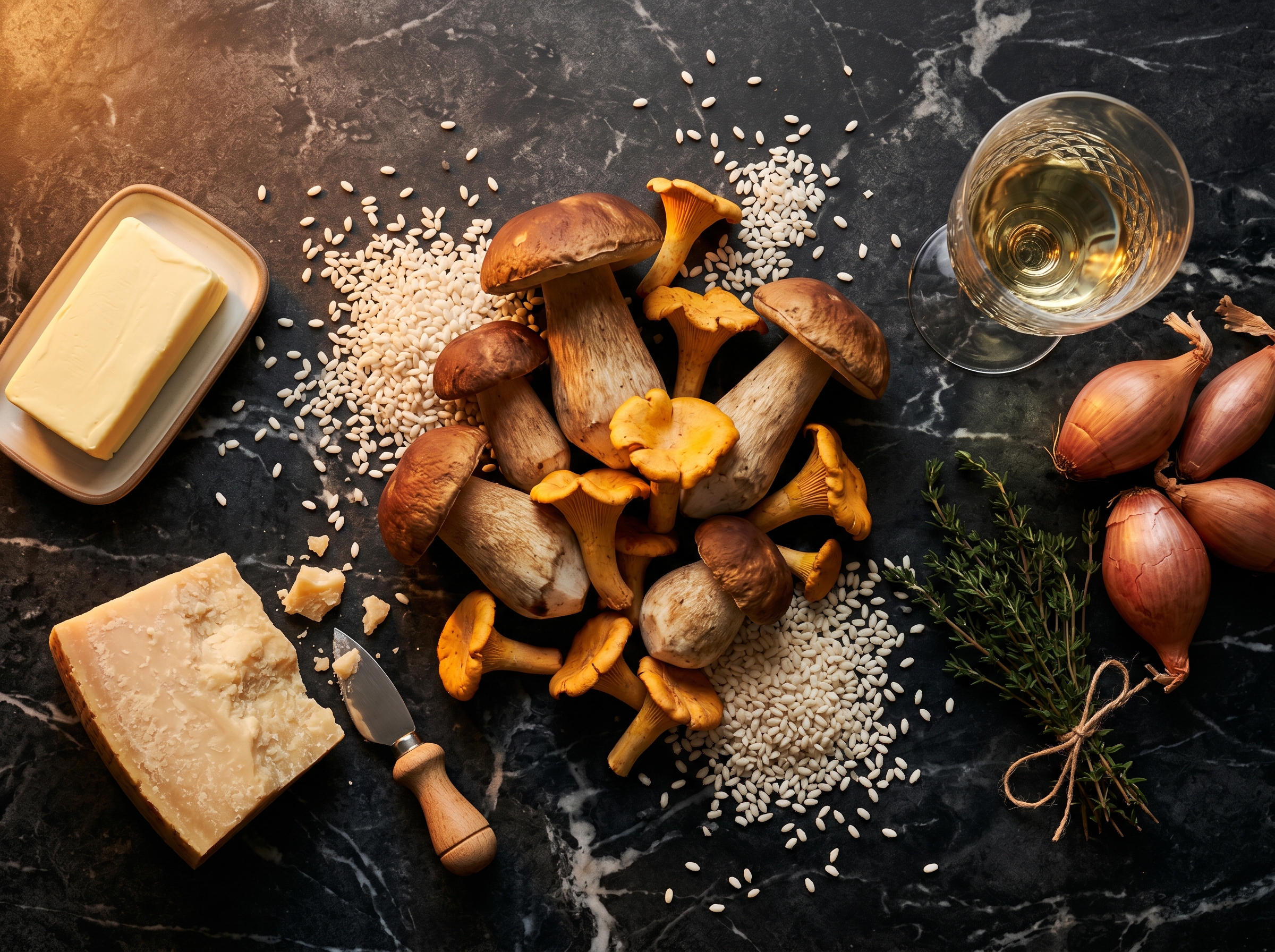 Flat lay: porcini, girolles, arroz Carnaroli, parmesano, mantequilla y vino blanco