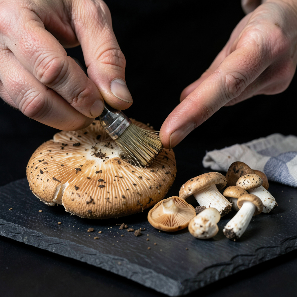 Limpieza de hongos silvestres con brocha sobre pizarra negra