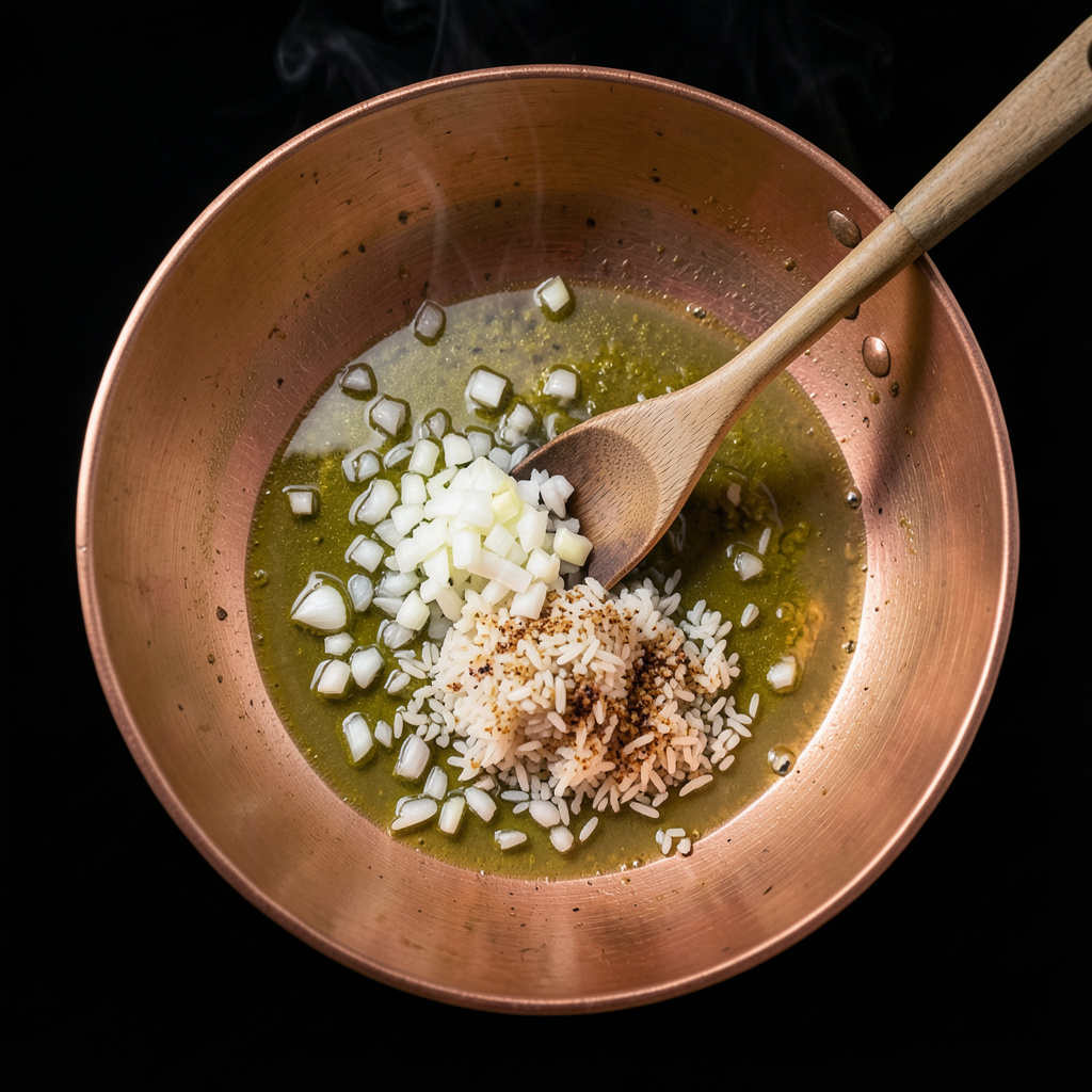 Sofrito de chalota y arroz Carnaroli tostándose en cazuela de cobre con cuchara de madera