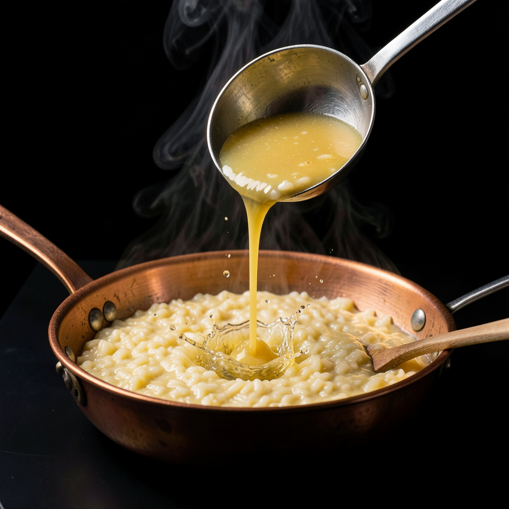 Cucharón de caldo dorado cayendo en hilo sobre el risotto en cazuela de cobre