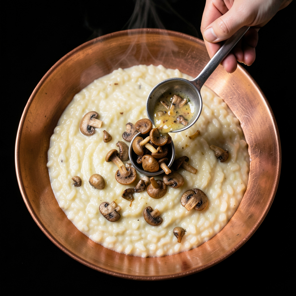 Incorporación de los hongos salteados al risotto cremoso en los 14 minutos