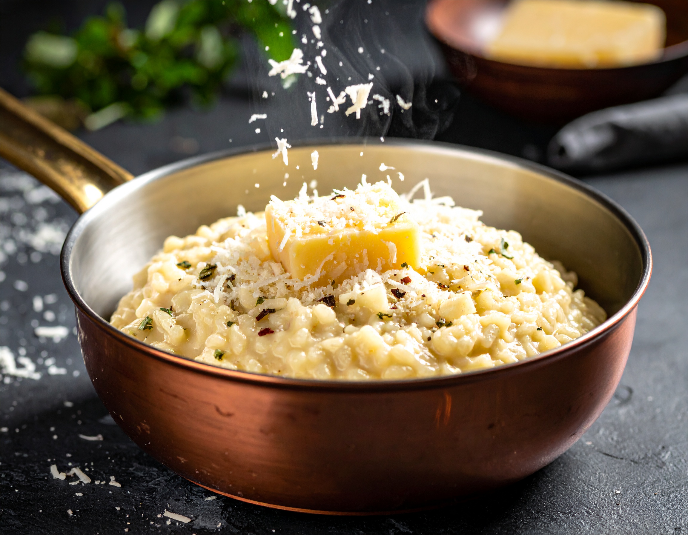 Mantecatura: mantequilla y parmesano rallado incorporándose al risotto fuera del fuego