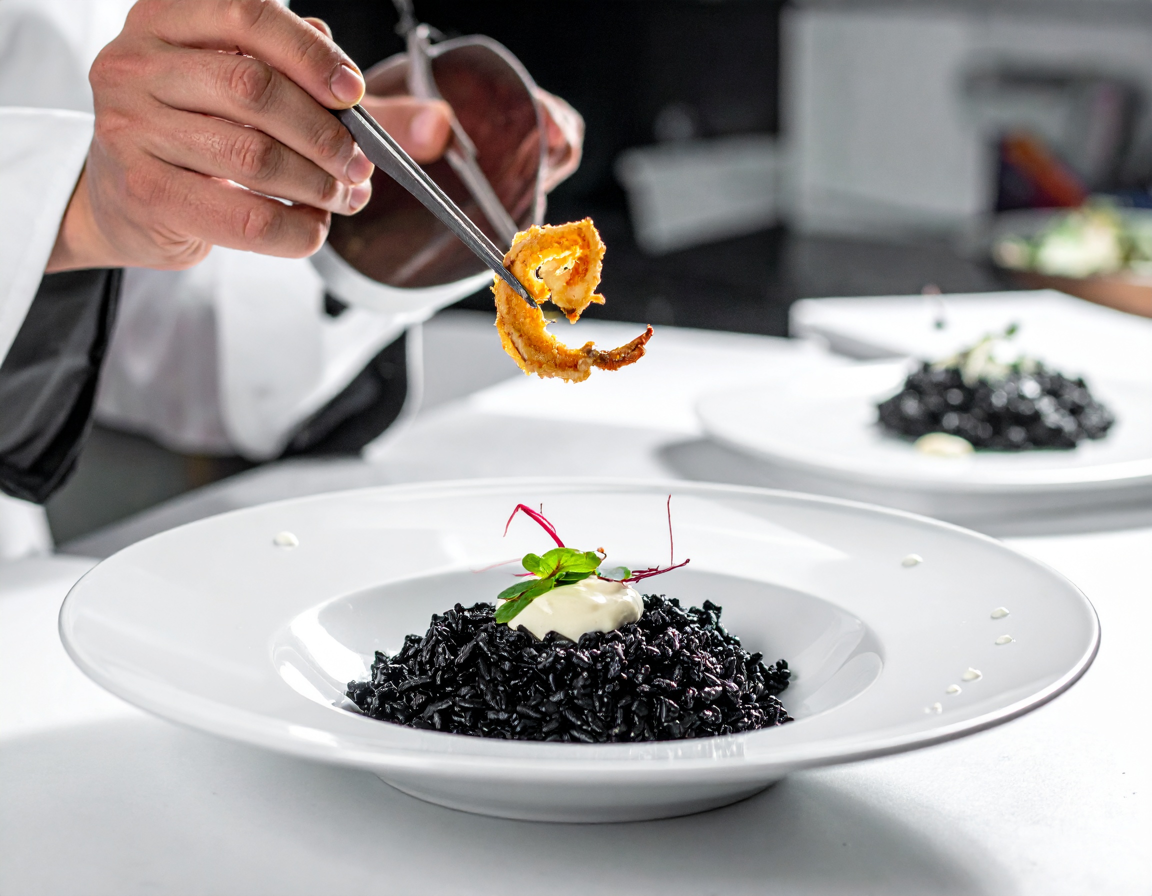 Emplatado del risotto negro en plato blanco con puntos de alioli de tinta colocados con precisión