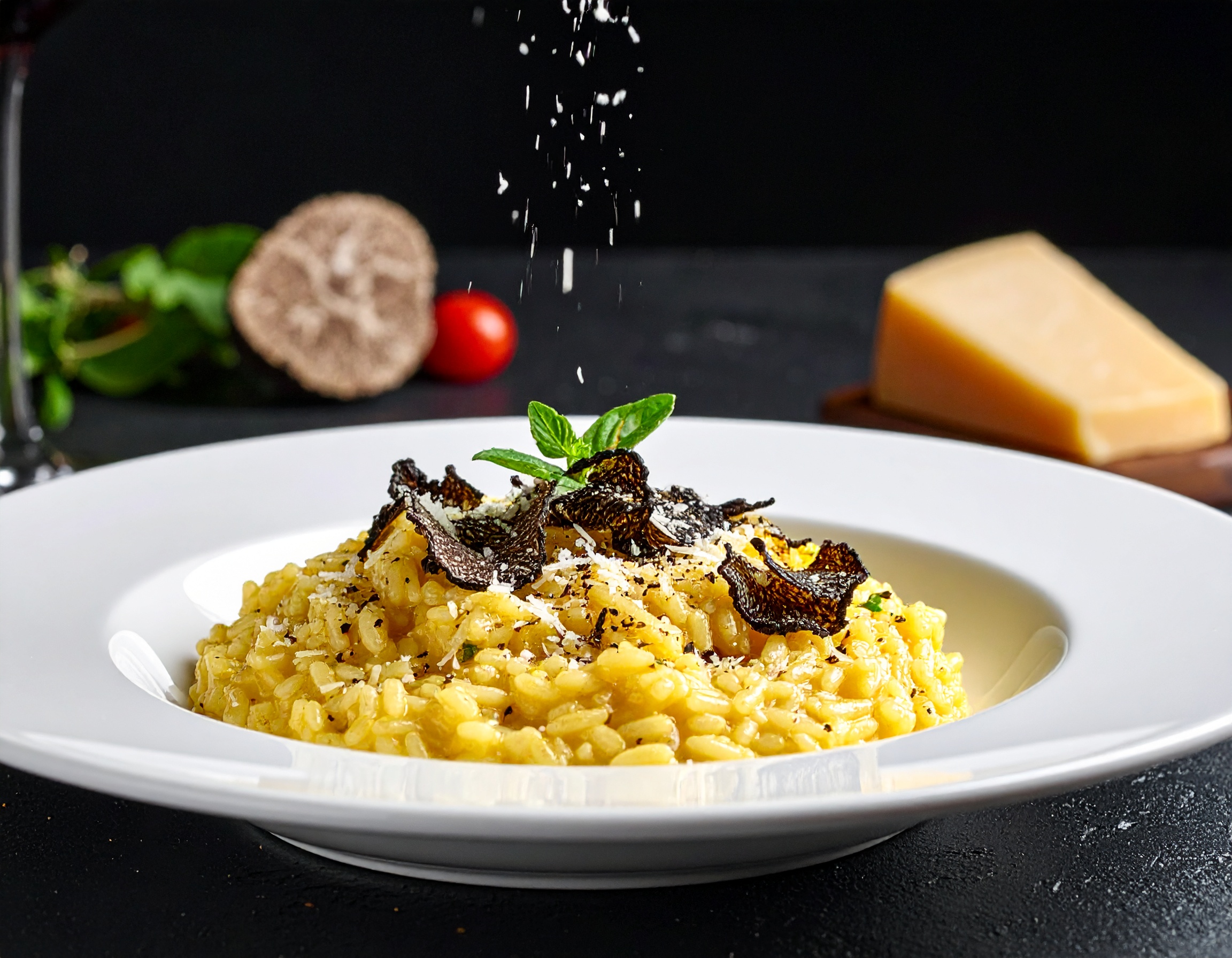 Risotto dorado de parmesano con láminas generosas de trufa negra sobre plato blanco profundo