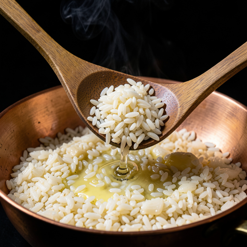 Arroz Carnaroli tostándose en cazuela, granos nacarados y opacos listos para el vino