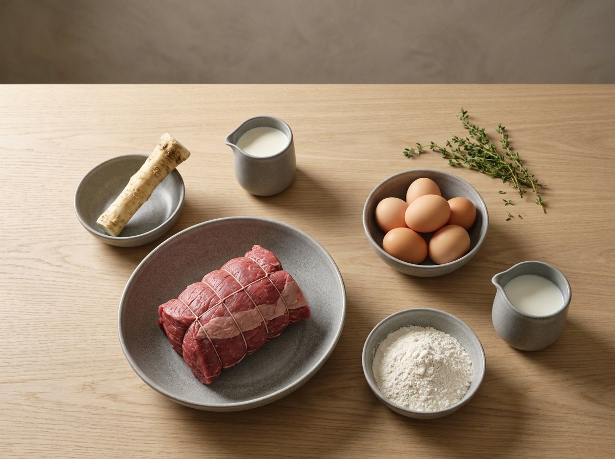 Ingredientes del roast beef: pieza de vacuno, rábano, nata, huevos, harina y leche para los Yorkshire