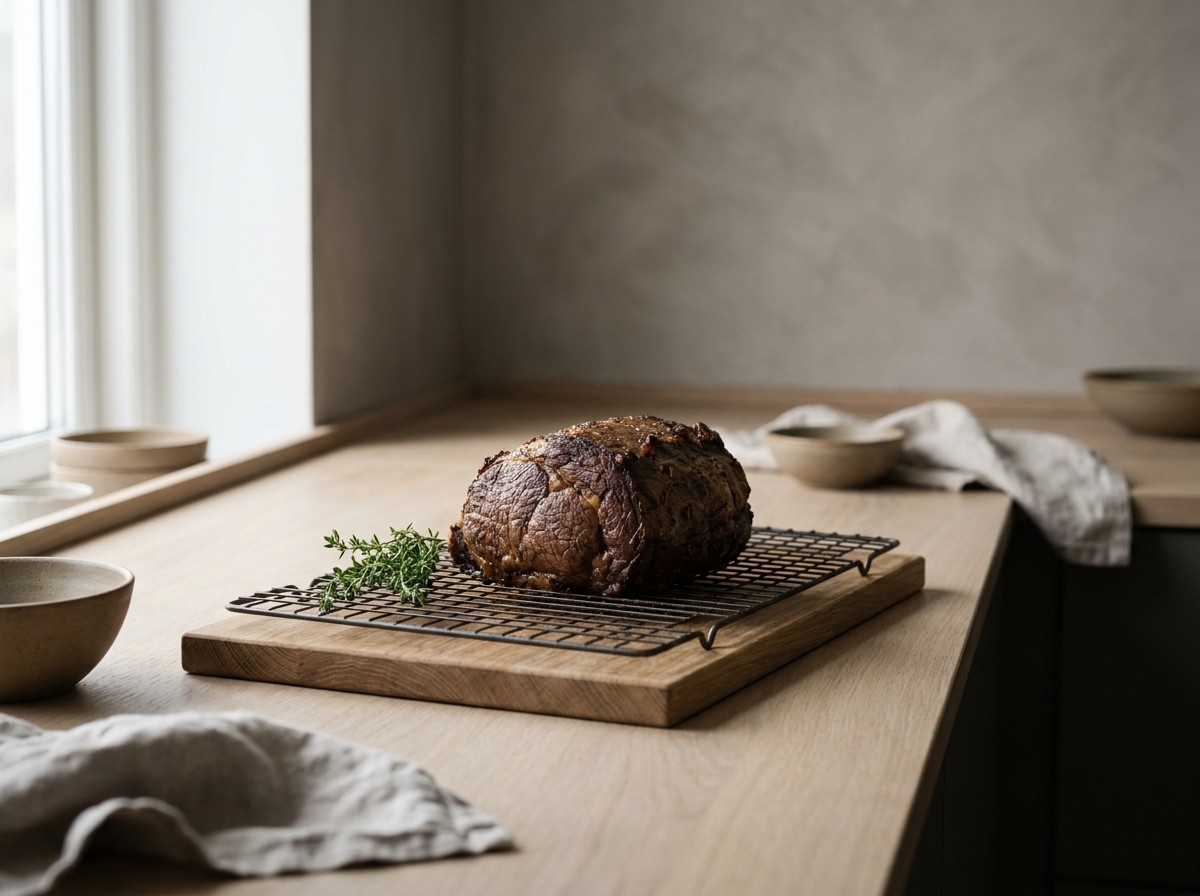 Roast beef reposando sobre una rejilla con tomillo