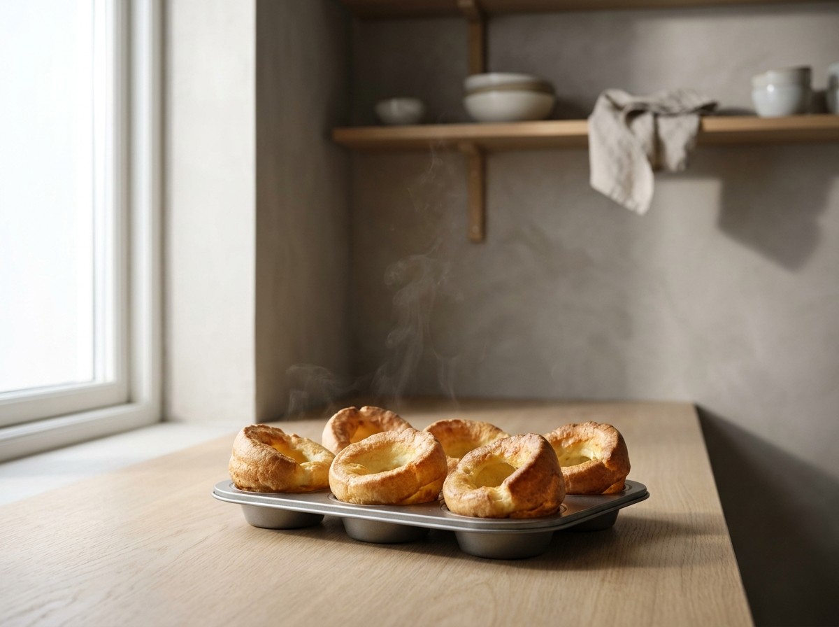 Yorkshire pudding dorados y subidos recién horneados en el molde