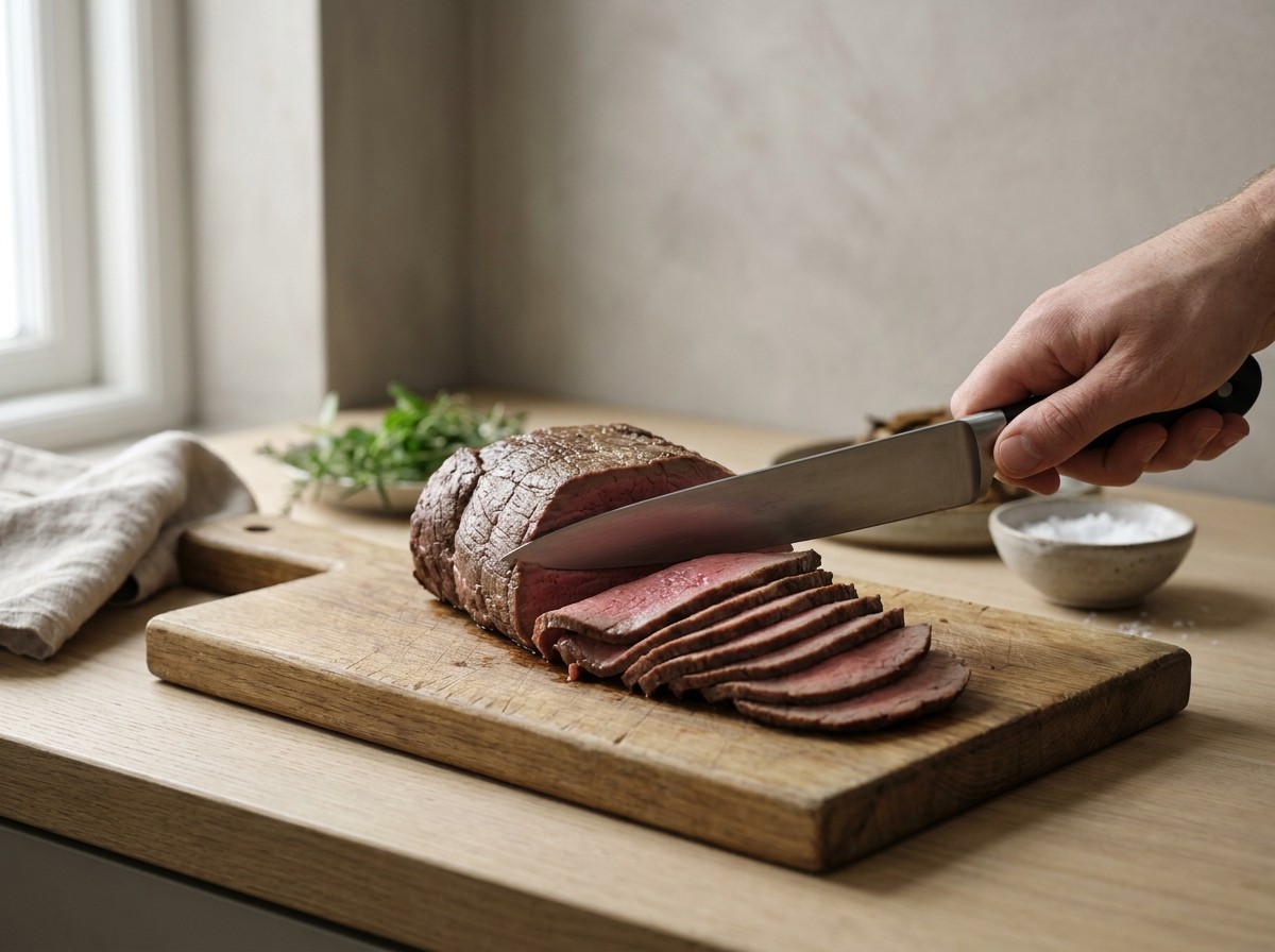 Roast beef trinchándose en lonchas finas rosadas