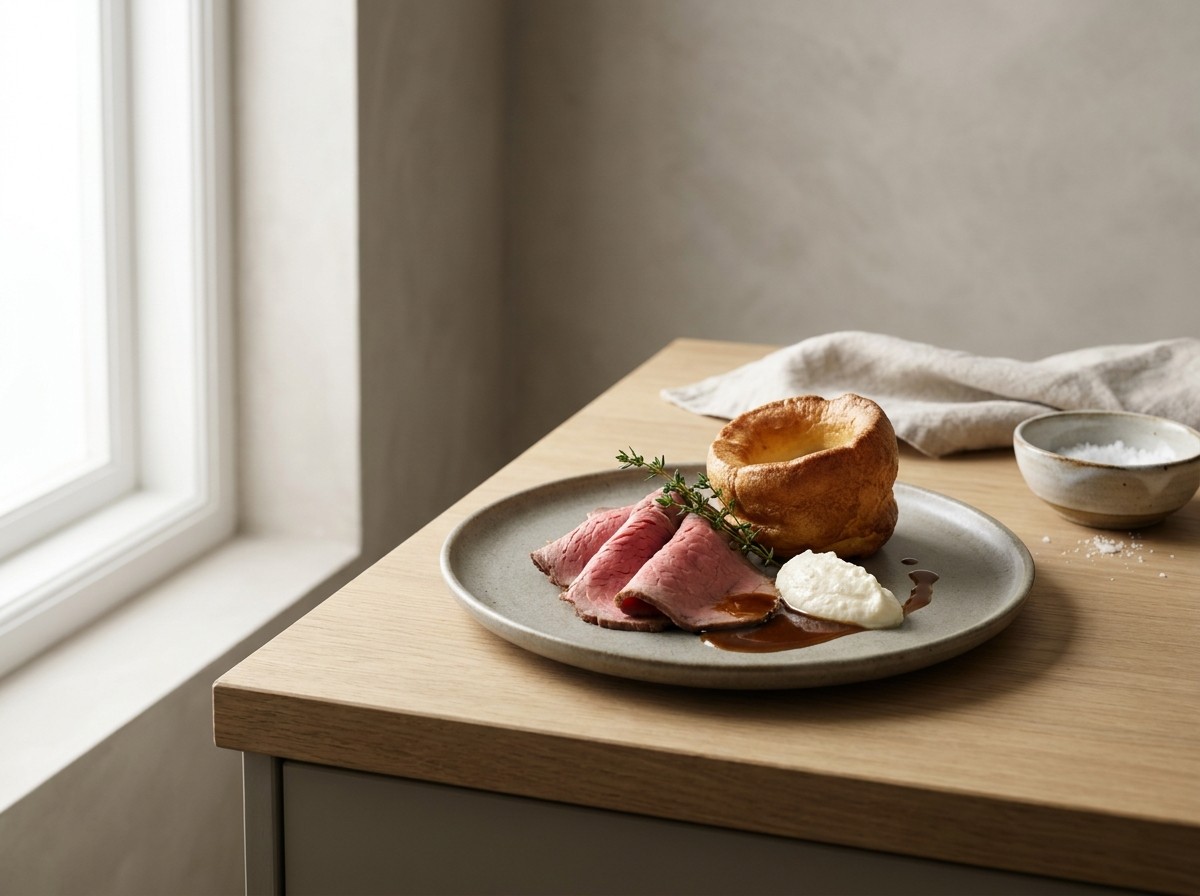 Roast beef en plato de cerámica gris piedra: lonchas finas de carne rosada, un Yorkshire pudding dorado, quenelle de salsa de rábano y un hilo de gravy.