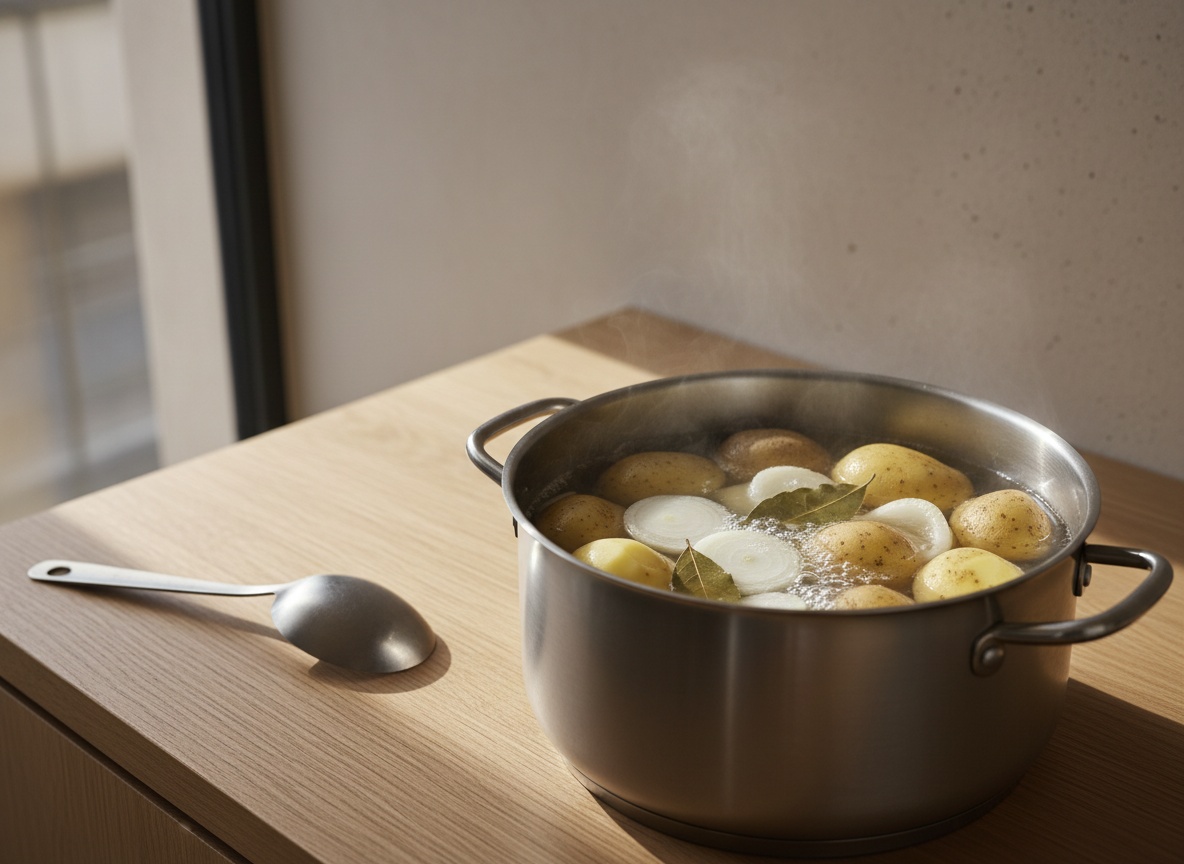 Patatas gallegas cociéndose con cebolla y laurel en una olla