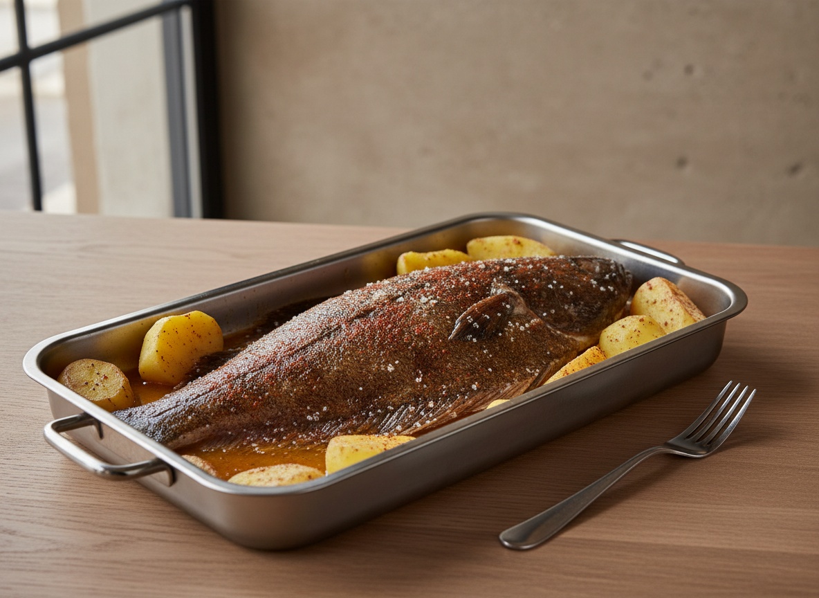 Rodaballo salado con la piel oscura hacia arriba en una fuente de horno con fondo de fumet