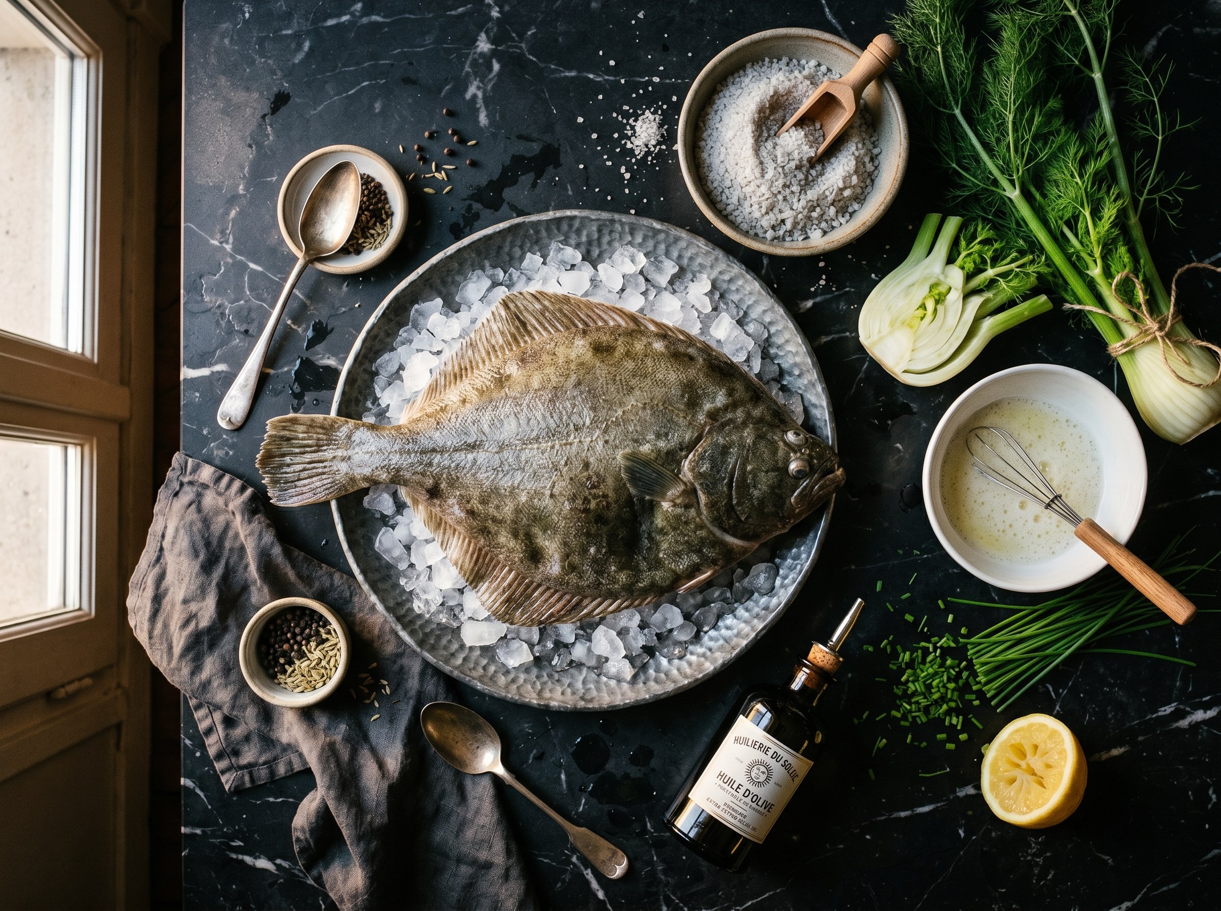 Rodaballo entero fresco con sal gruesa, claras, cebollino y aceite de oliva