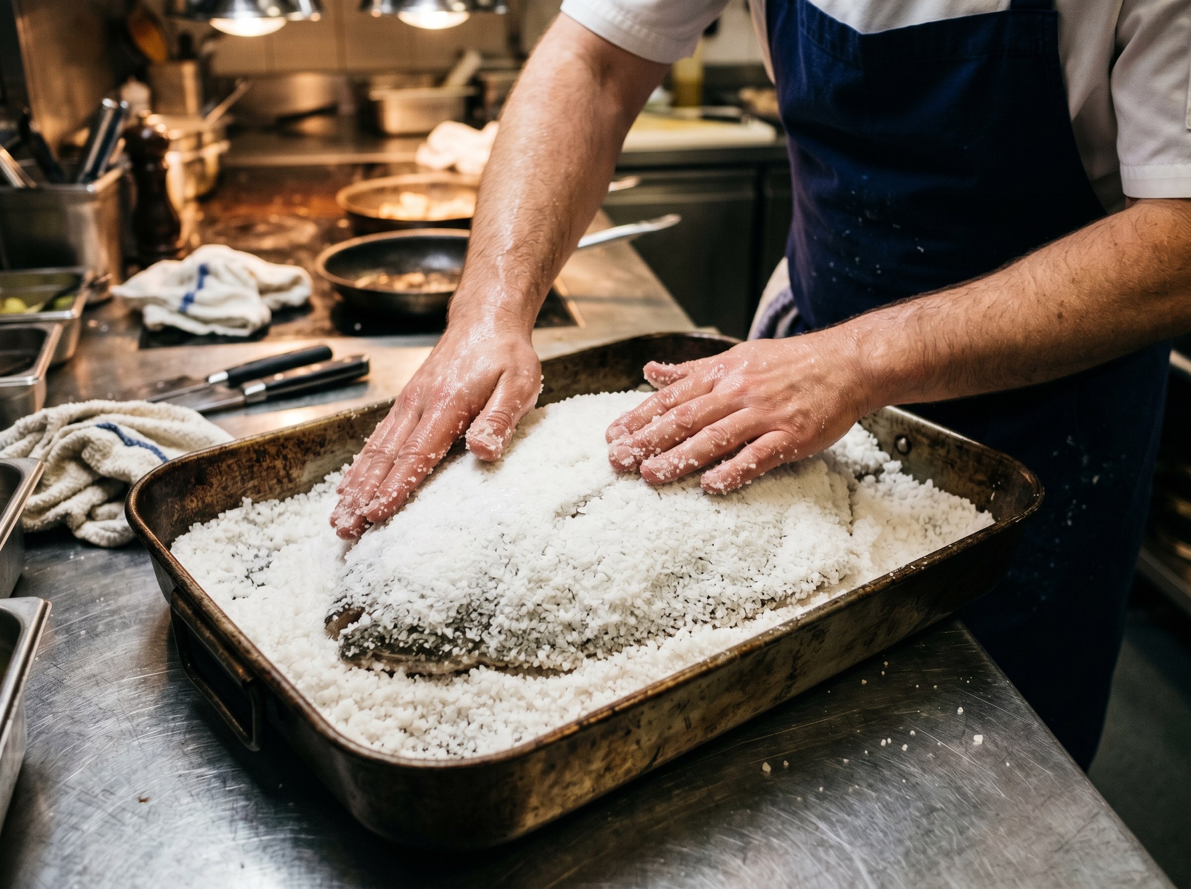 Chef cubriendo el rodaballo completamente con costra de sal a mano