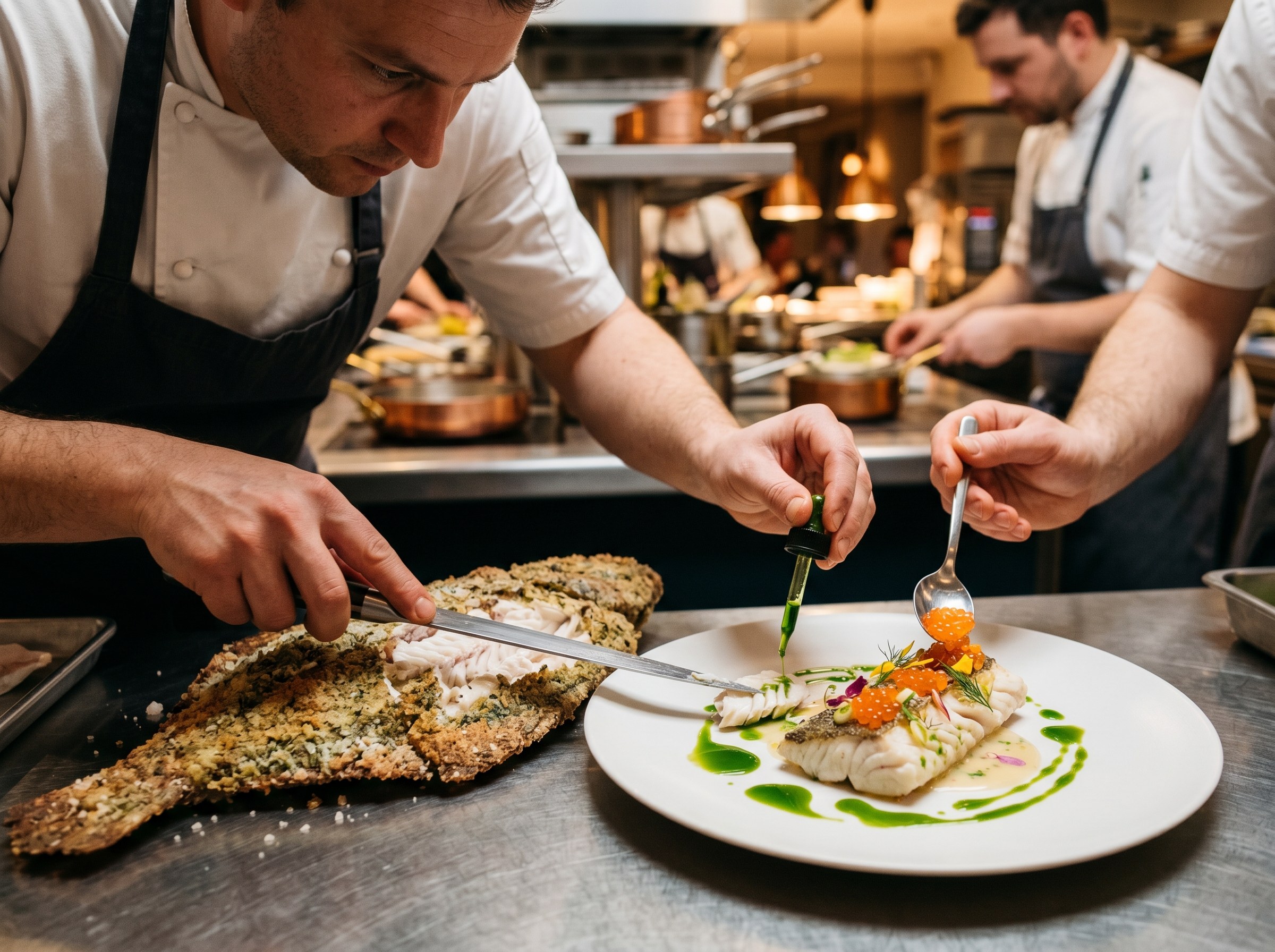 Chef fileteando el rodaballo y añadiendo aceite de cebollino y huevas de trucha