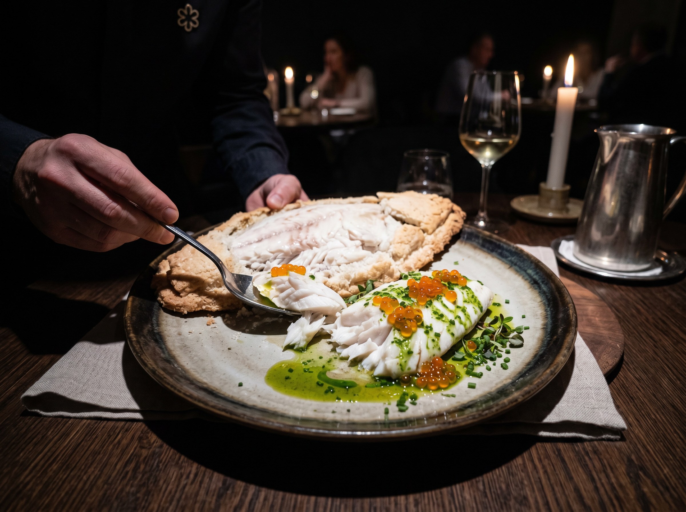 Servicio en mesa: rodaballo con costra partida, filetes con aceite verde y huevas