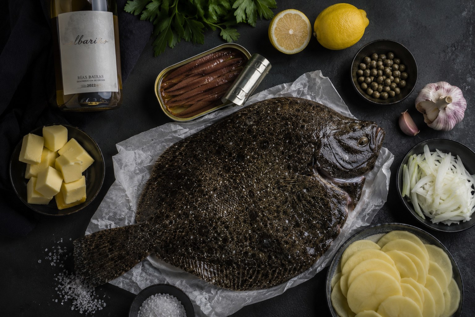 Ingredientes: rodaballo salvaje entero, anchoas del Cantábrico, mantequilla, patatas, cebolla y alcaparras