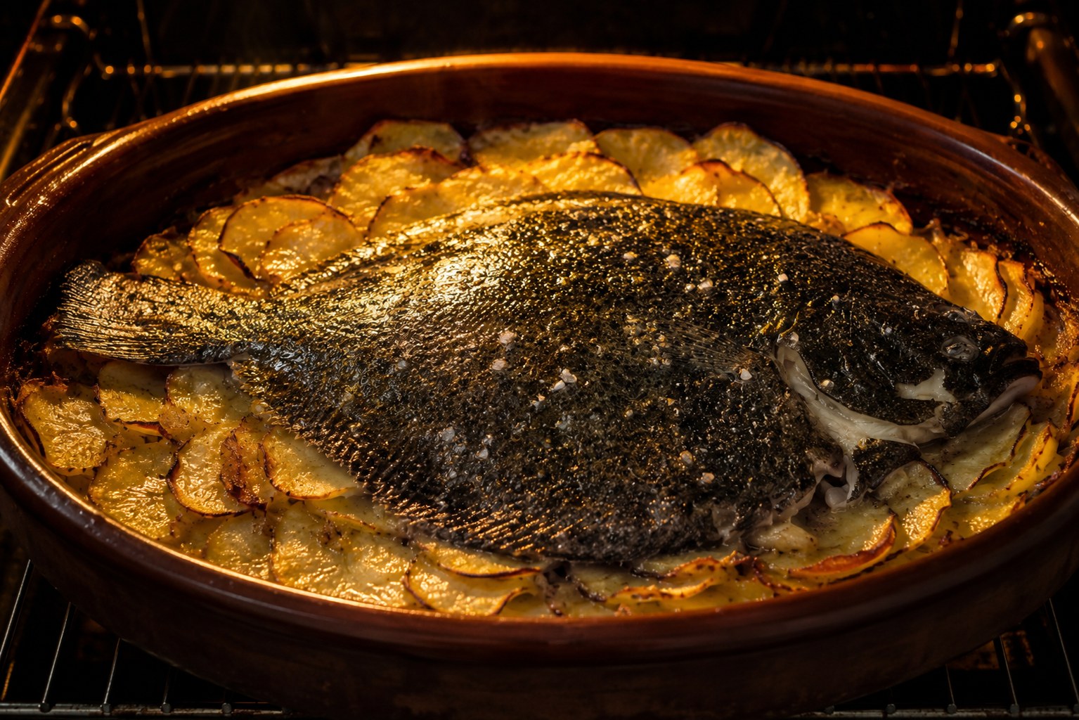 Rodaballo entero asándose a 200°C sobre la cama de patatas