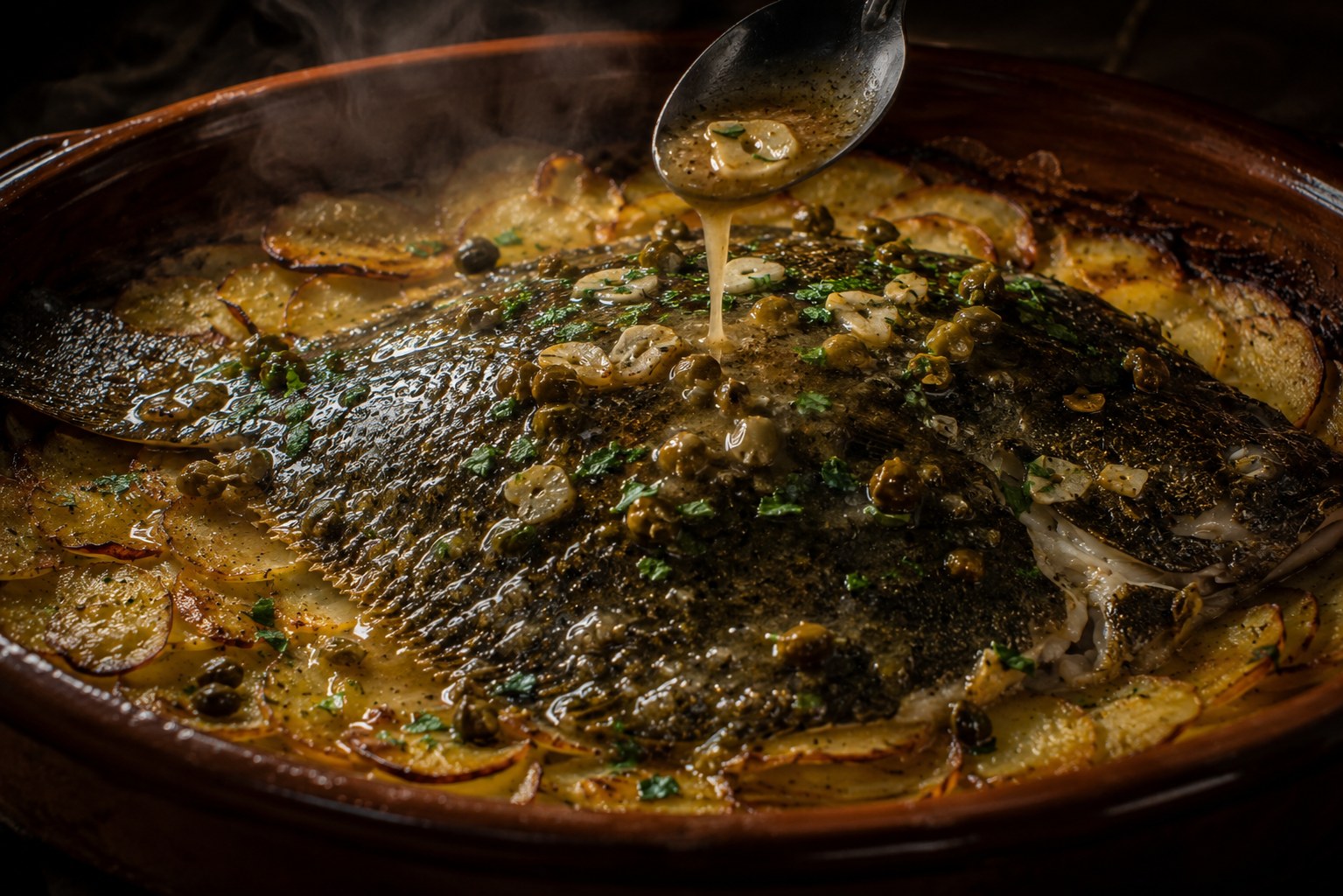 Napado del rodaballo con la mantequilla de anchoa y alcaparras