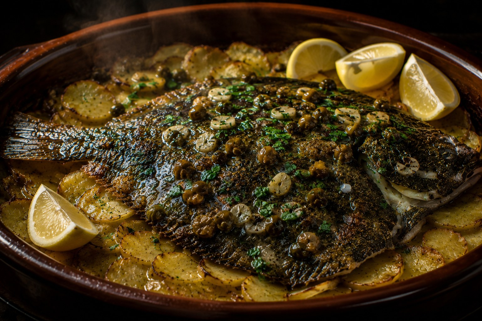 Rodaballo salvaje entero asado al horno con piel dorada sobre cama de patata panadera, mantequilla de anchoa y alcaparras fritas en fuente de barro