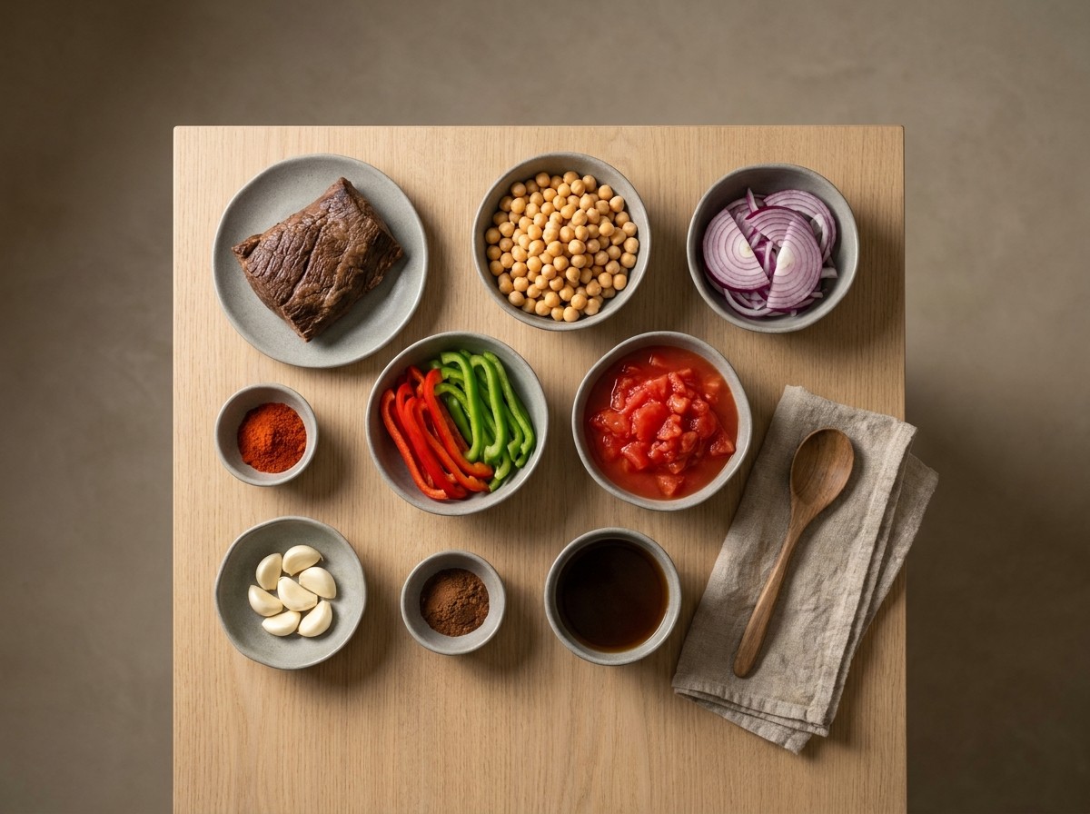 Ingredientes de la ropa vieja: falda de ternera, garbanzos, pimientos, cebolla, tomate y pimentón